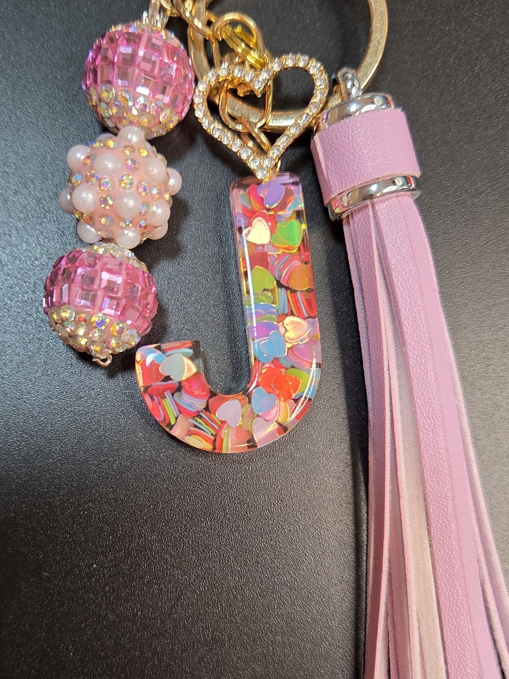 Personalized Handmade 'J' Tassel Keychain Charm with Sparkly Beads in Pink - Picture 4 of 12